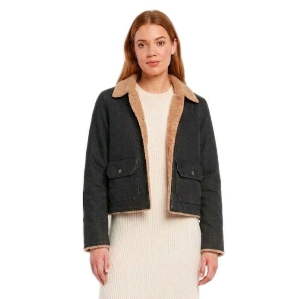 Woolrich Womens Luxe Denim Trucker Jacket Faux Shearling Lined Black Wash Size S
